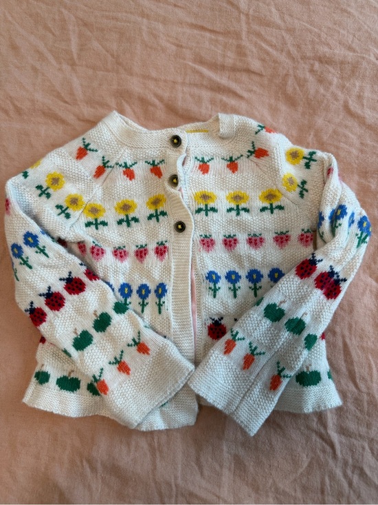 Baby Boden Other - Baby Boden Cream Floral & Fruit Knit Cardigan with Multicolor Motifs (12-18 mo)